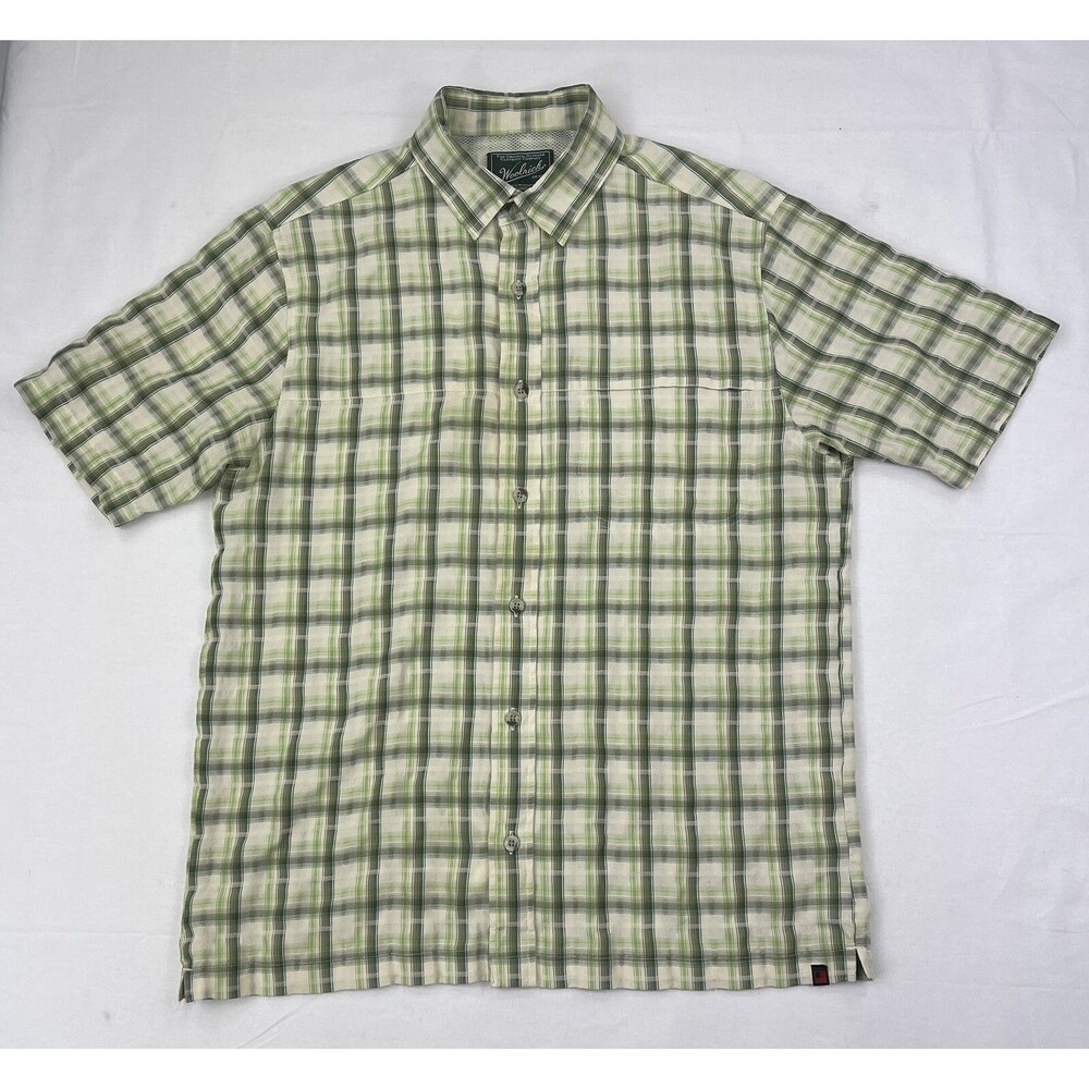Woolrich Mens Green Plaid Short Sleeve Bay Leaf Button Up Vented Shirt Large
